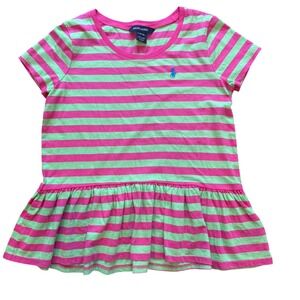 Ralph Lauren Peplum Tee Girls XL (16) Pink Green Stripe